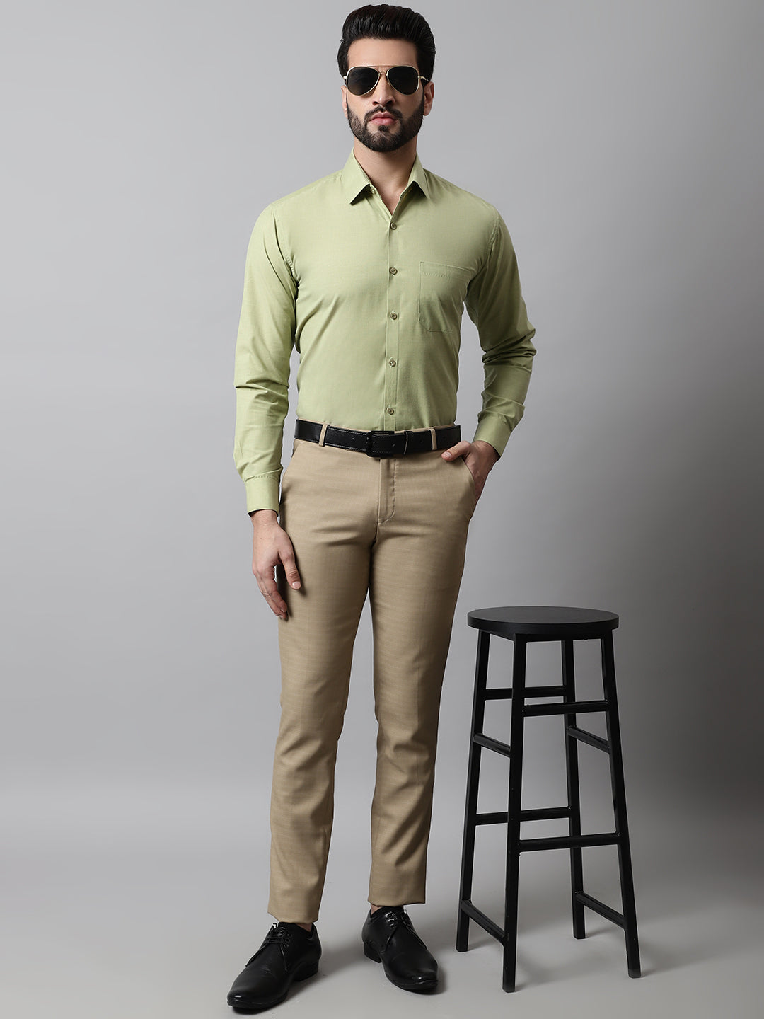 Jainish Men's Pista Green Classic Slim Fit Solid Formal Shirt | Grocsy