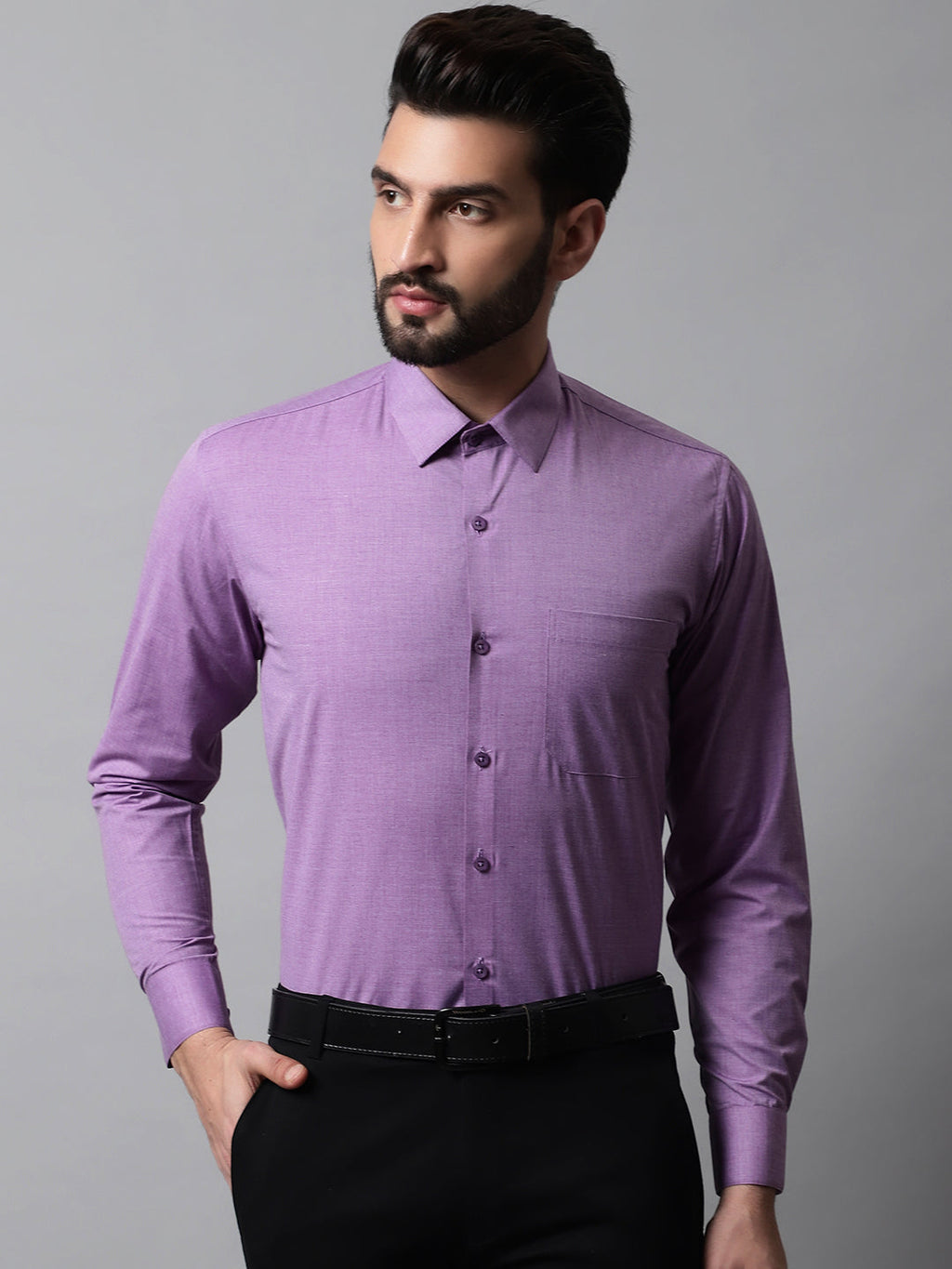 Jainish Men's Purple Classic Slim Fit Solid Formal Shirt | Grocsy