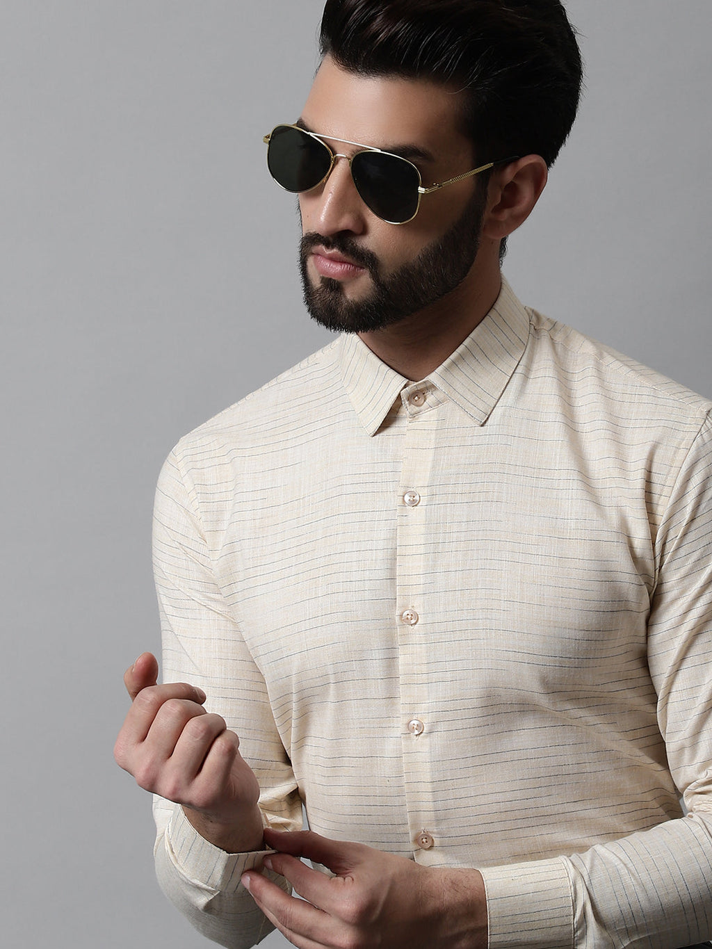 Jainish Men's Cream Cotton Classic Formal Shirt | Grocsy