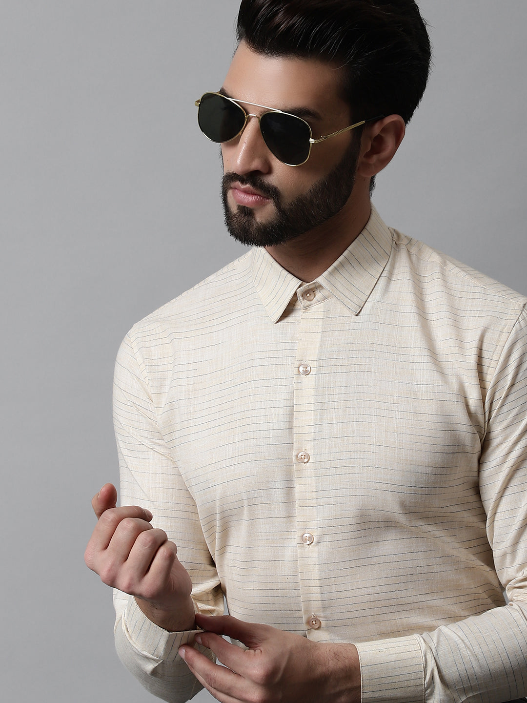 Jainish Men's Cream Cotton Classic Formal Shirt | Grocsy
