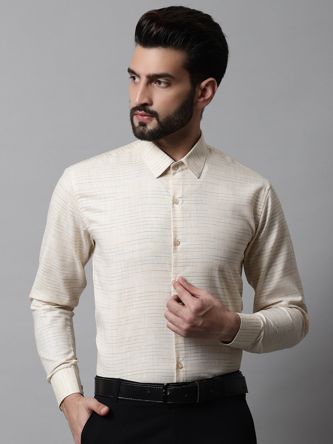Jainish Men's Cream Cotton Classic Formal Shirt | Grocsy