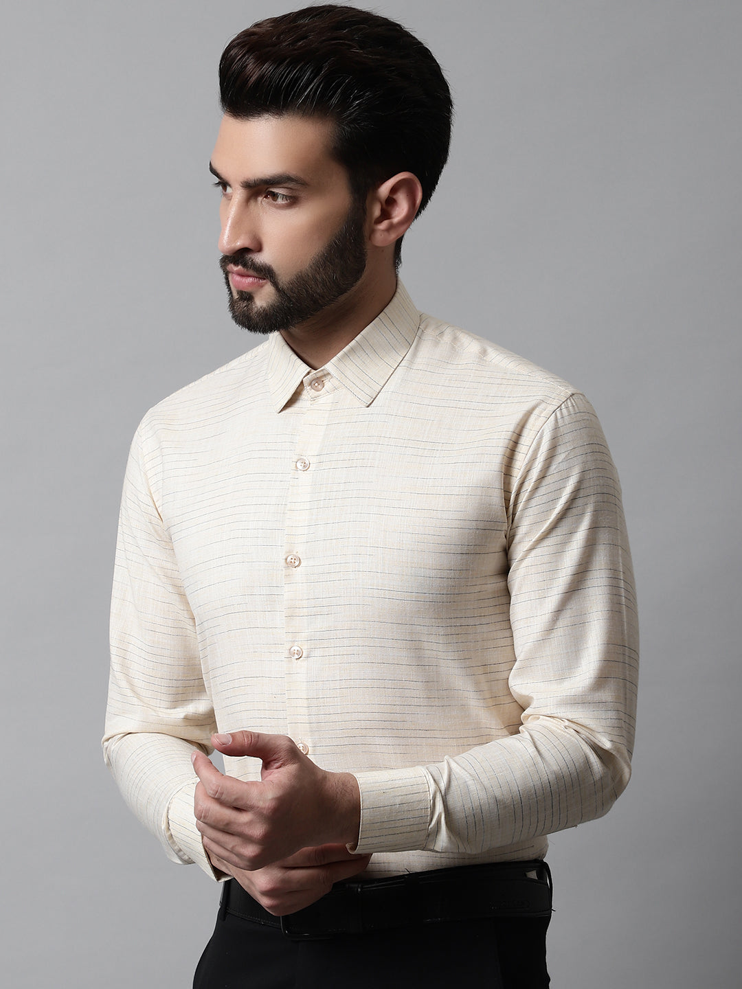 Jainish Men's Cream Cotton Classic Formal Shirt | Grocsy