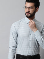 Jainish Men's Grey Classic Striped Formal Cotton Shirt | Grocsy