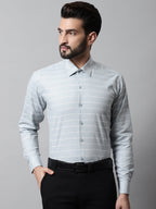 Jainish Men's Grey Classic Striped Formal Cotton Shirt | Grocsy