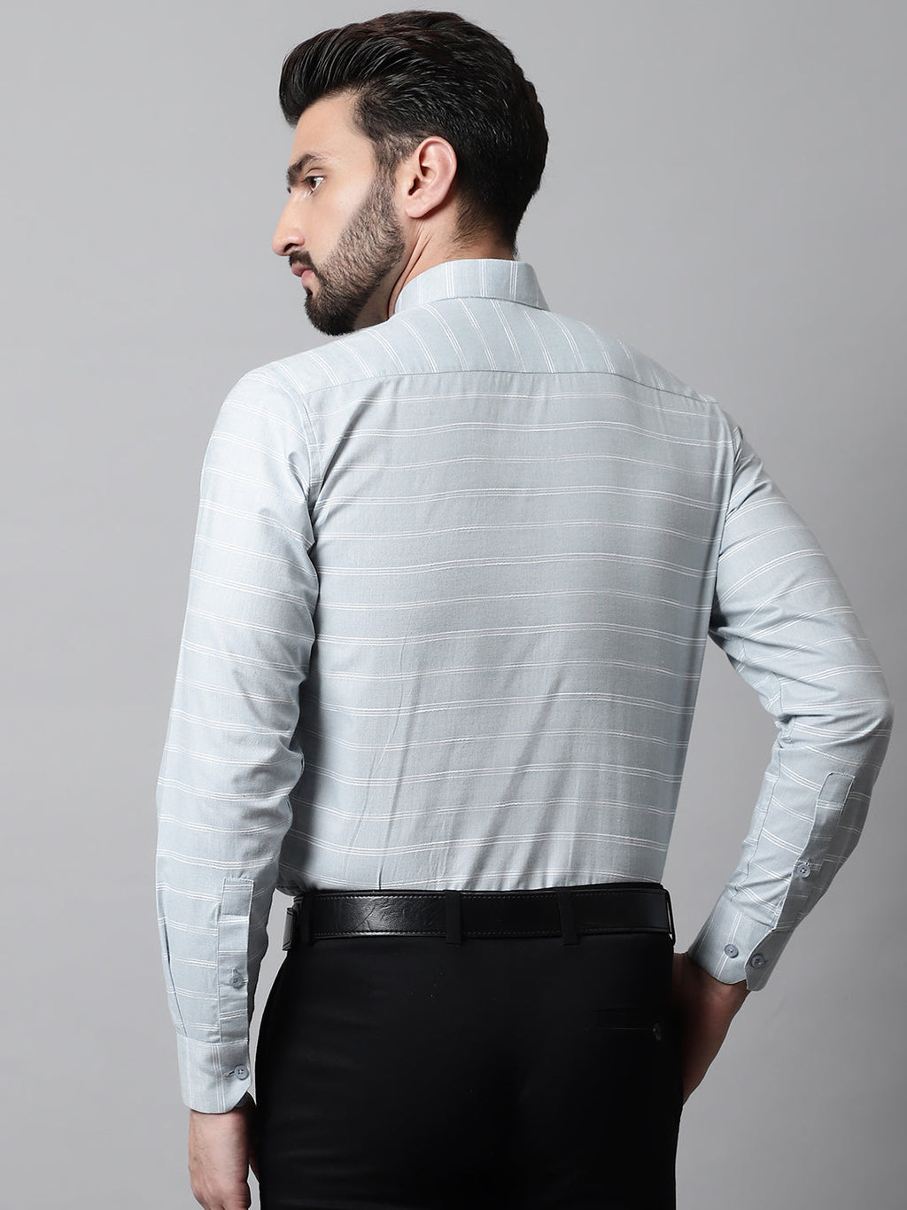 Jainish Men's Grey Classic Striped Formal Cotton Shirt | Grocsy