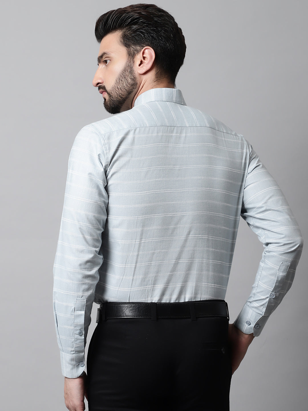 Jainish Men's Grey Classic Striped Formal Cotton Shirt | Grocsy