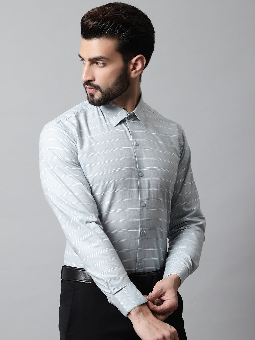 Jainish Men's Grey Classic Striped Formal Cotton Shirt | Grocsy