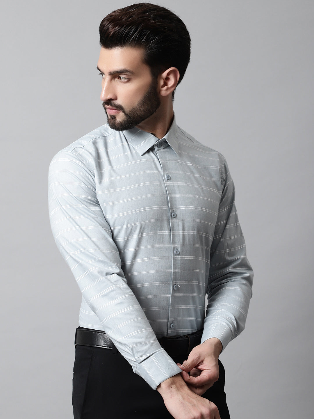 Jainish Men's Grey Classic Striped Formal Cotton Shirt | Grocsy