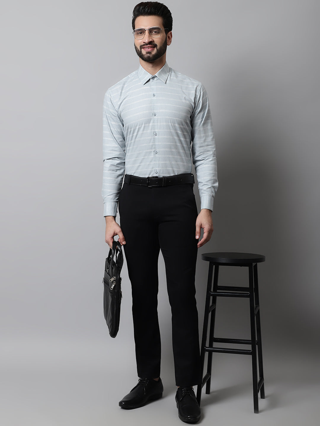 Jainish Men's Grey Classic Striped Formal Cotton Shirt | Grocsy