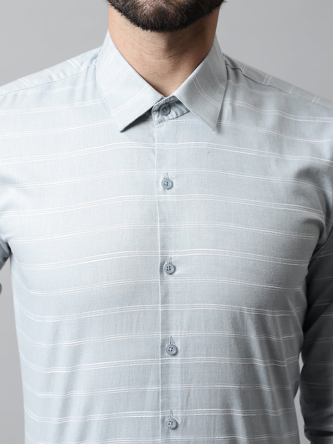 Jainish Men's Grey Classic Striped Formal Cotton Shirt | Grocsy