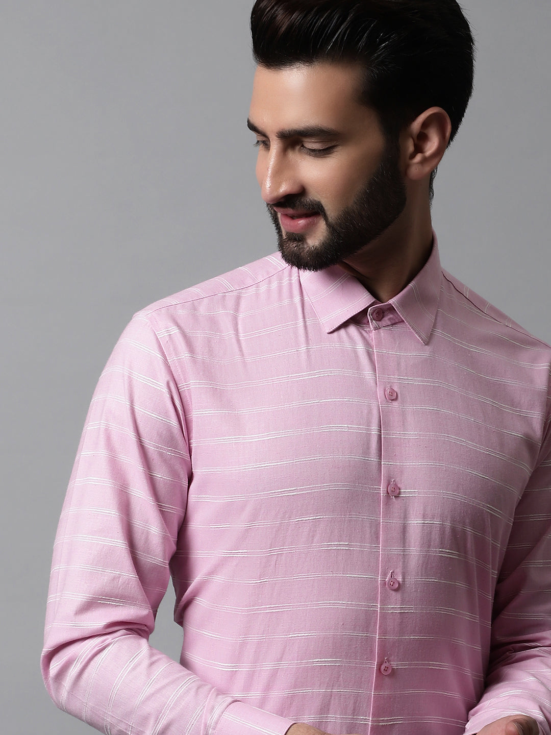 Jainish Men's Pink Classic Striped Formal Cotton Shirt | Grocsy