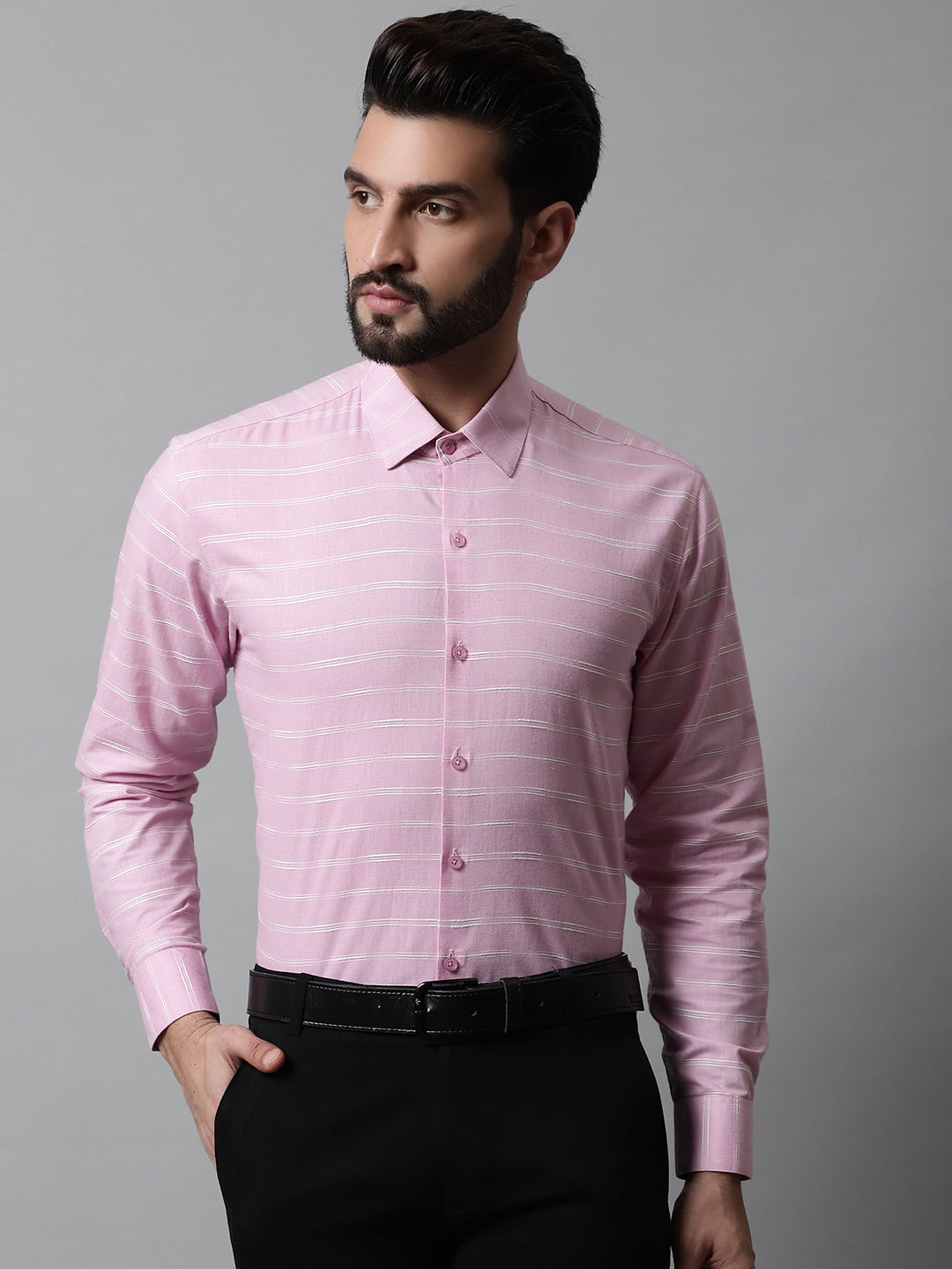 Jainish Men's Pink Classic Striped Formal Cotton Shirt | Grocsy