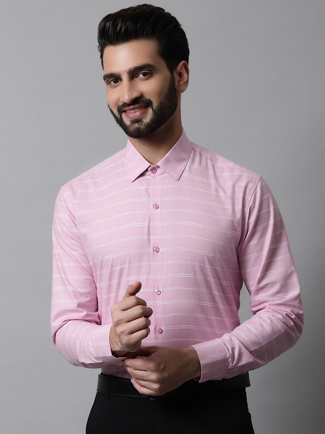 Jainish Men's Pink Classic Striped Formal Cotton Shirt | Grocsy