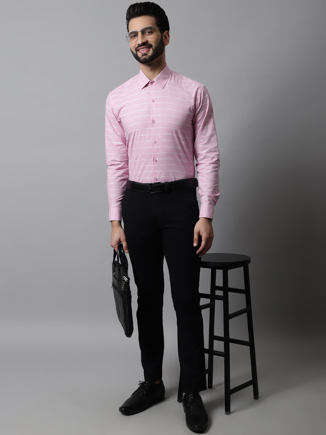 Jainish Men's Pink Classic Striped Formal Cotton Shirt | Grocsy