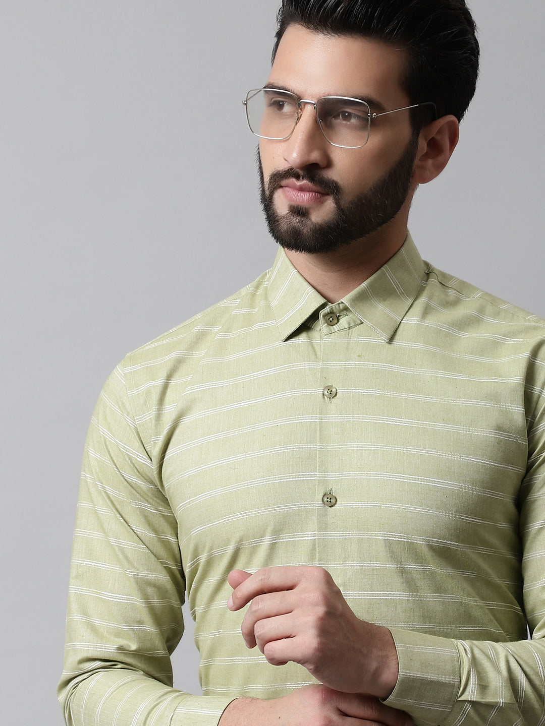 Jainish Men's Pista Green Classic Striped Formal Cotton Shirt | Grocsy