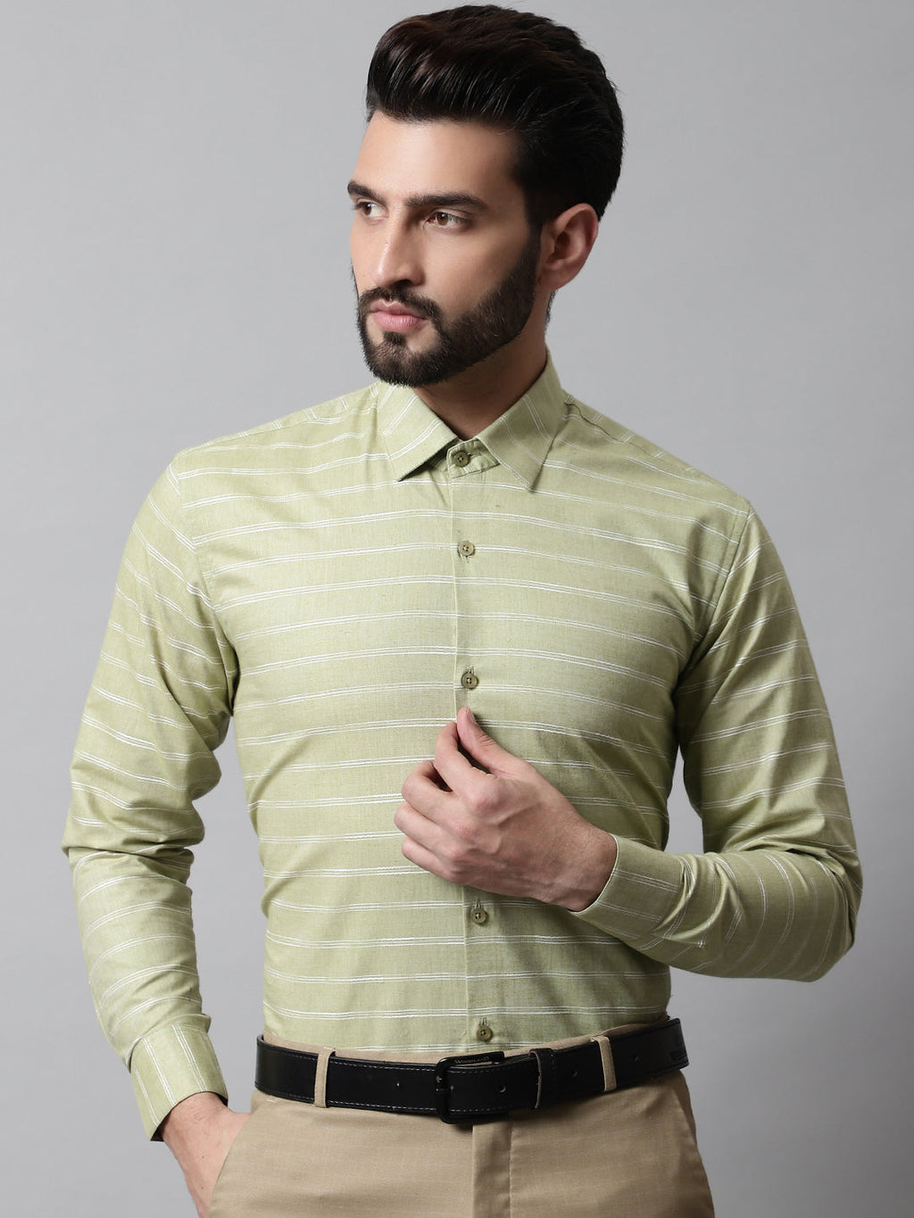 Jainish Men's Pista Green Classic Striped Formal Cotton Shirt | Grocsy