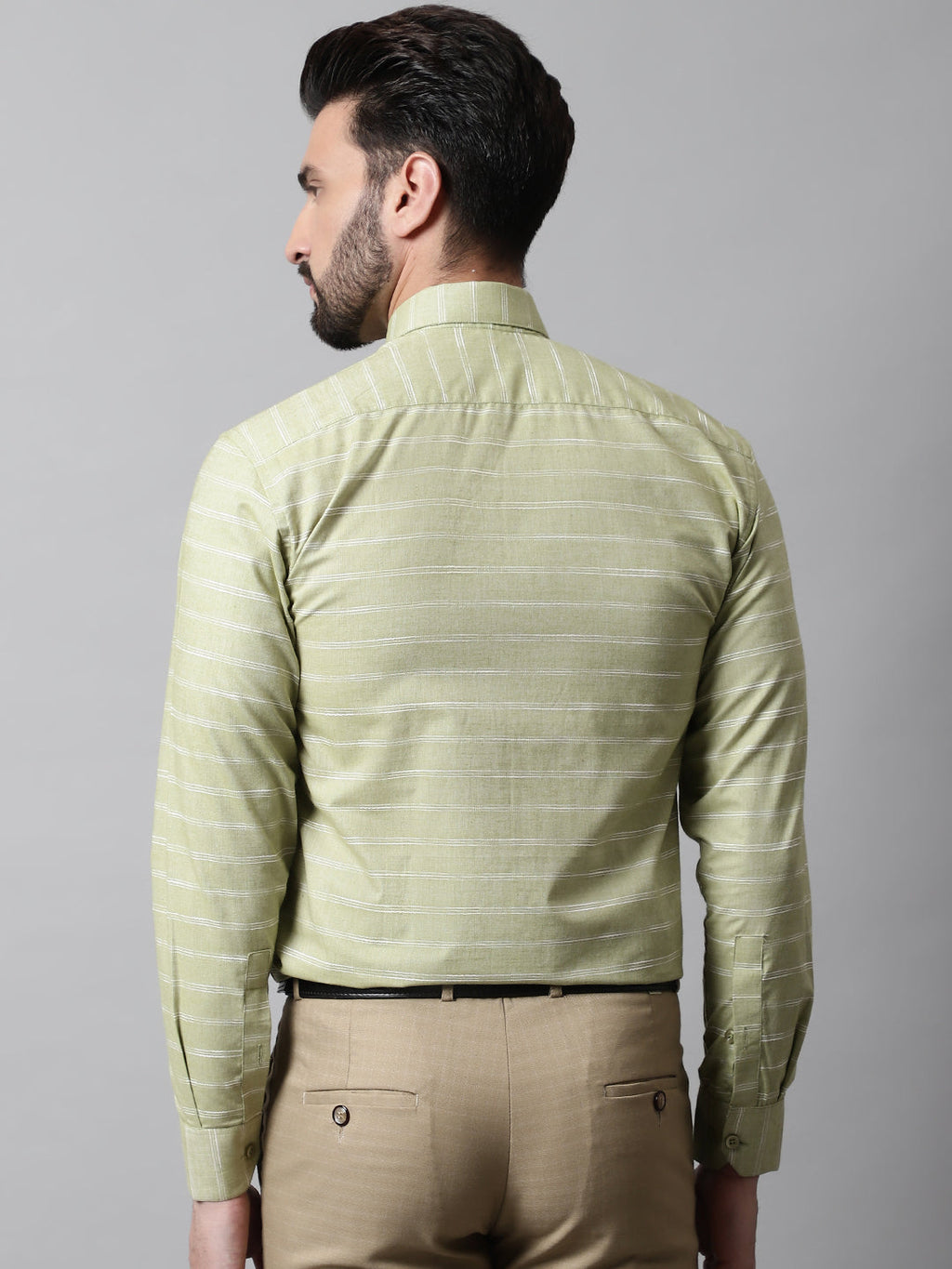 Jainish Men's Pista Green Classic Striped Formal Cotton Shirt | Grocsy