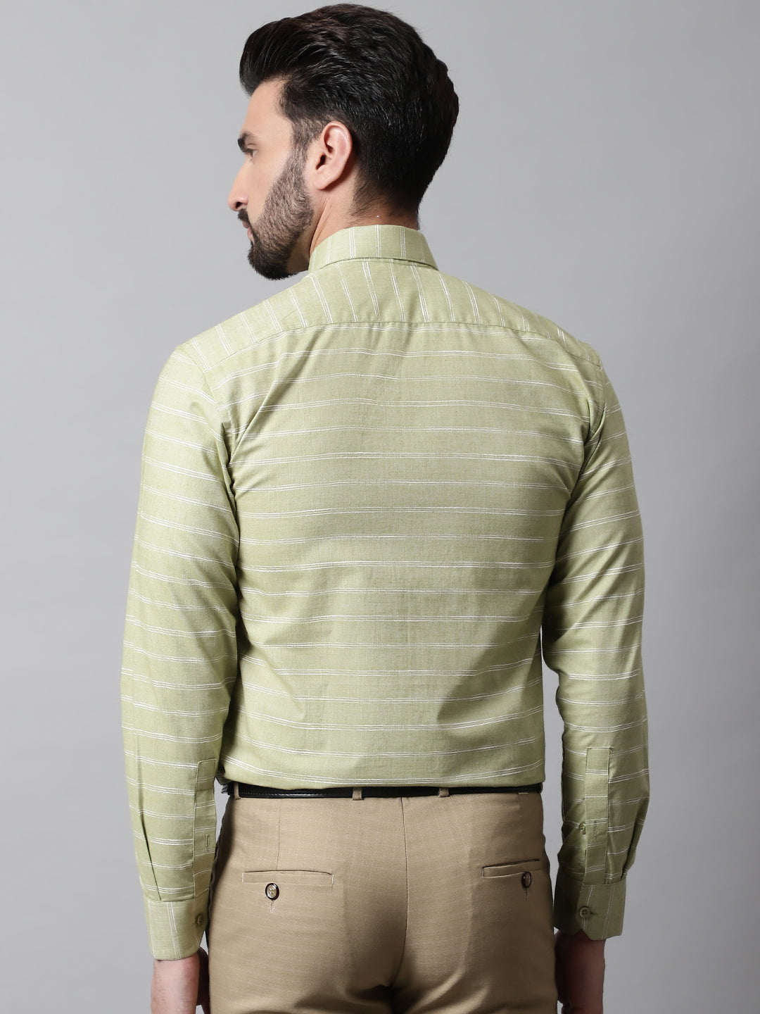 Jainish Men's Pista Green Classic Striped Formal Cotton Shirt | Grocsy