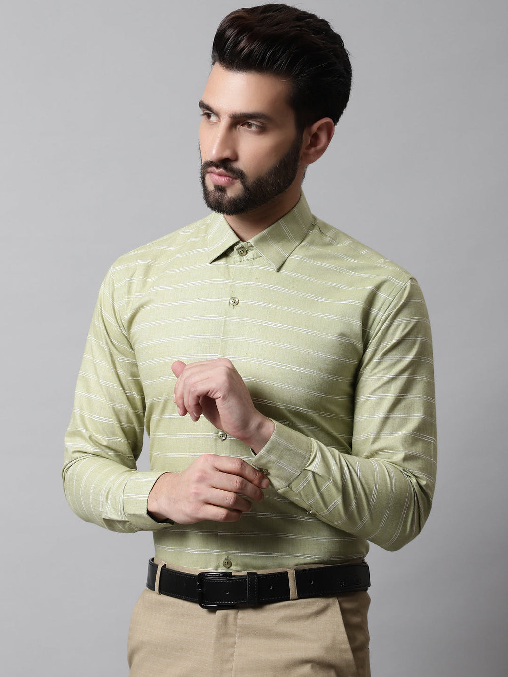 Jainish Men's Pista Green Classic Striped Formal Cotton Shirt | Grocsy