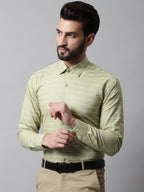 Jainish Men's Pista Green Classic Striped Formal Cotton Shirt | Grocsy