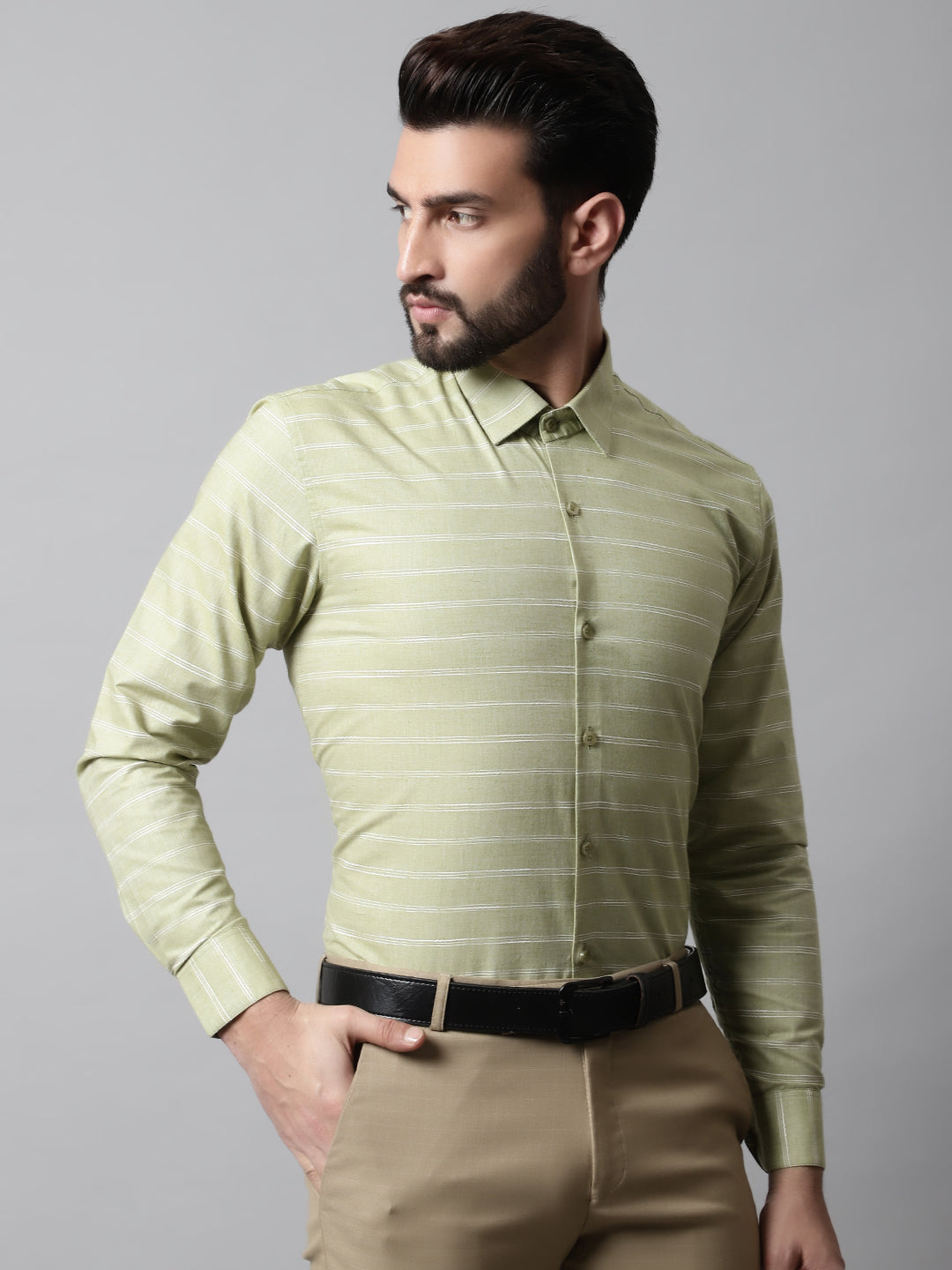 Jainish Men's Pista Green Classic Striped Formal Cotton Shirt | Grocsy