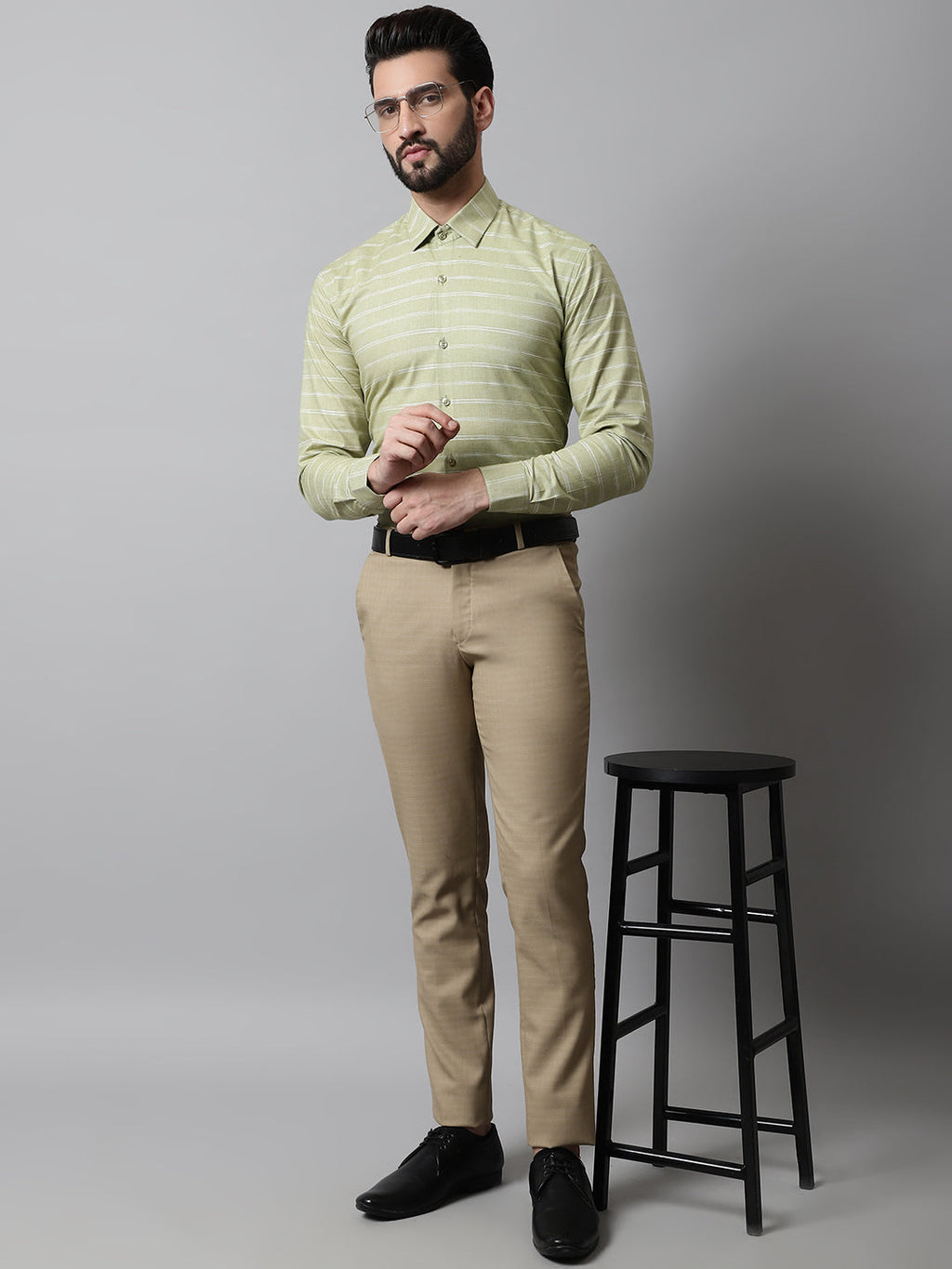 Jainish Men's Pista Green Classic Striped Formal Cotton Shirt | Grocsy