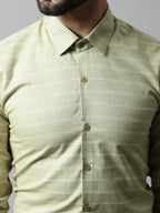 Jainish Men's Pista Green Classic Striped Formal Cotton Shirt | Grocsy