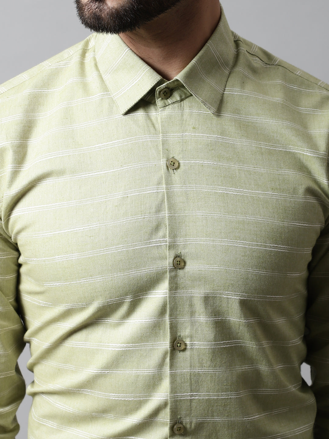 Jainish Men's Pista Green Classic Striped Formal Cotton Shirt | Grocsy