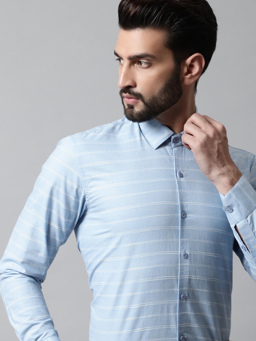 Jainish Men's Sky Blue Classic Striped Formal Cotton Shirt | Grocsy