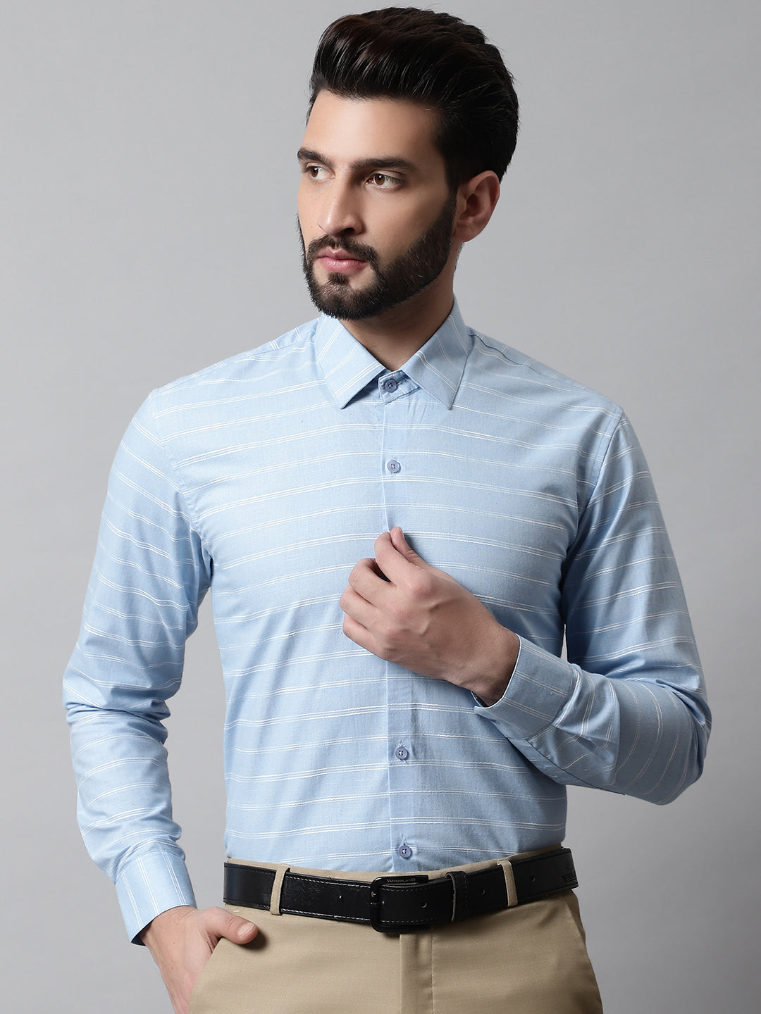 Jainish Men's Sky Blue Classic Striped Formal Cotton Shirt | Grocsy