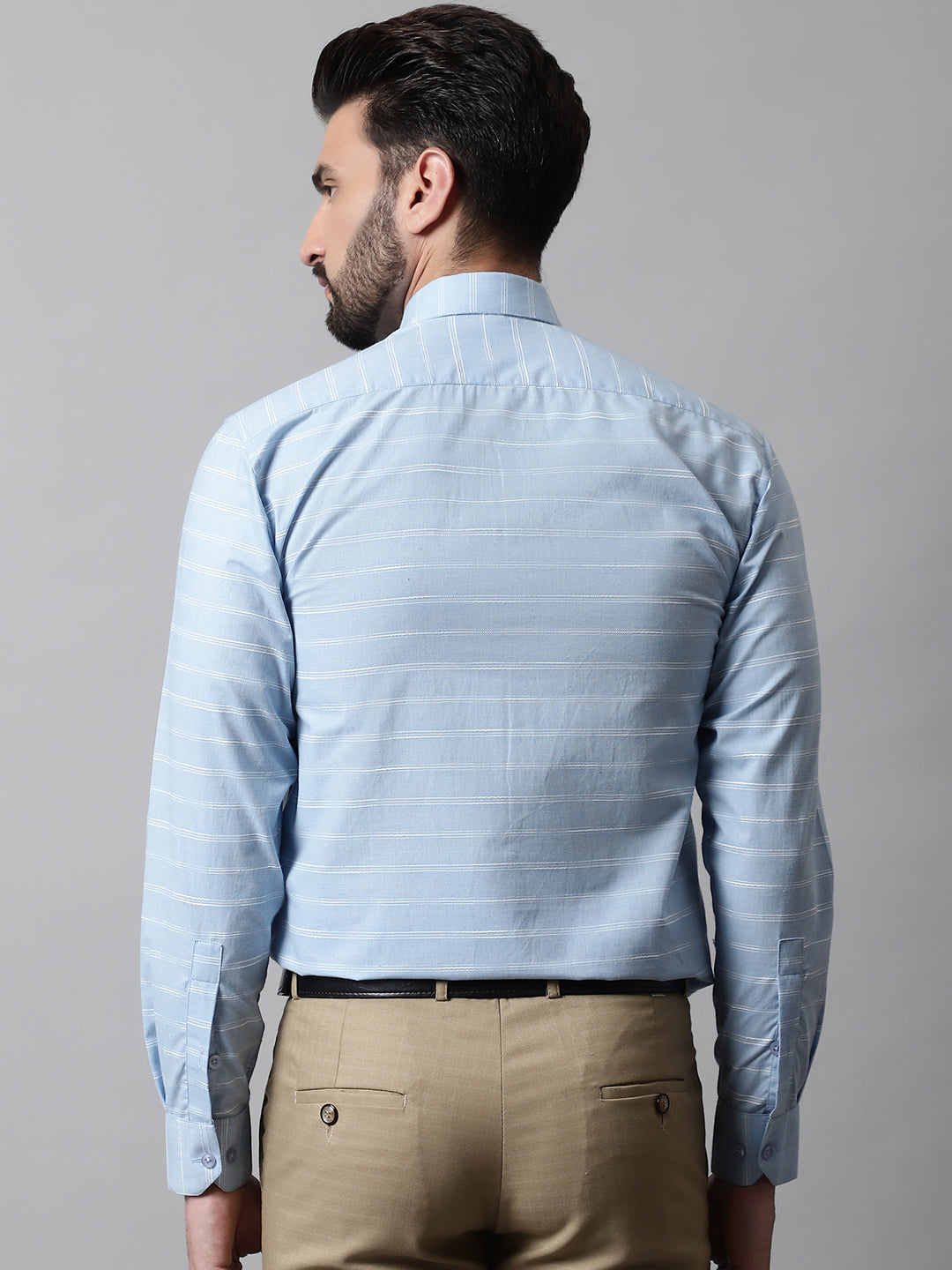 Jainish Men's Sky Blue Classic Striped Formal Cotton Shirt | Grocsy