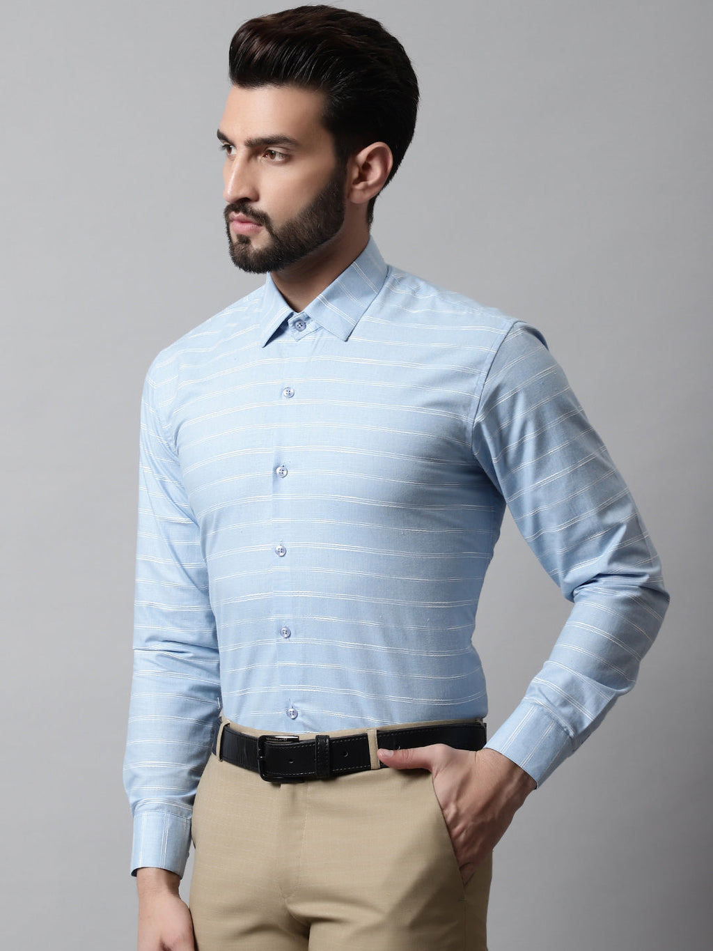 Jainish Men's Sky Blue Classic Striped Formal Cotton Shirt | Grocsy