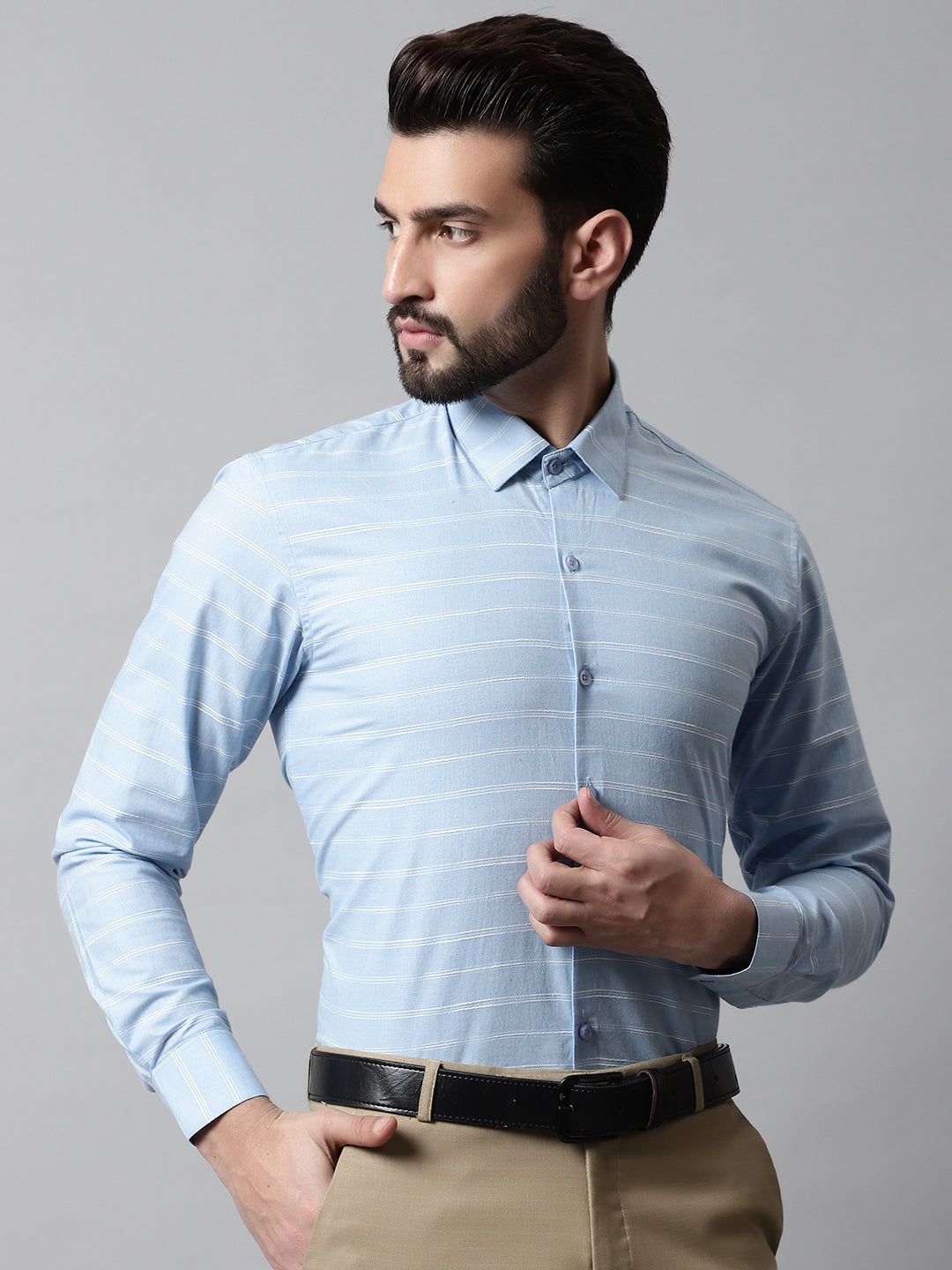 Jainish Men's Sky Blue Classic Striped Formal Cotton Shirt | Grocsy