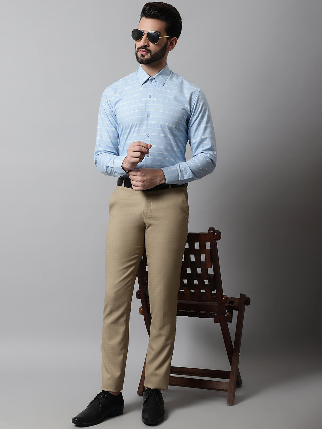 Jainish Men's Sky Blue Classic Striped Formal Cotton Shirt | Grocsy