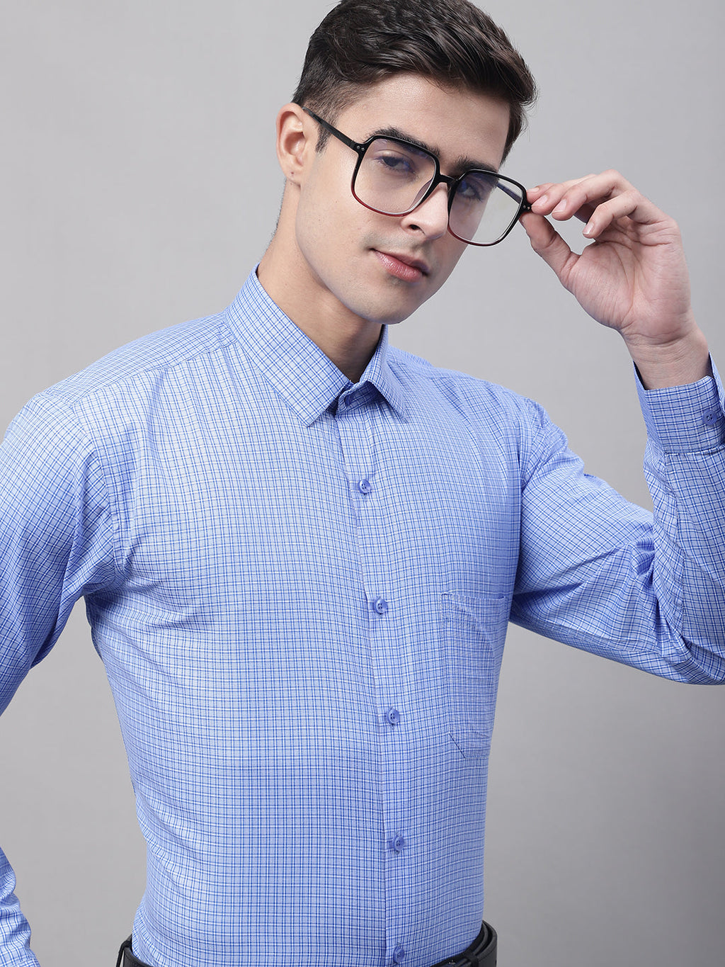 Jainish Men's Blue Micro Checked Formal Shirt | Grocsy