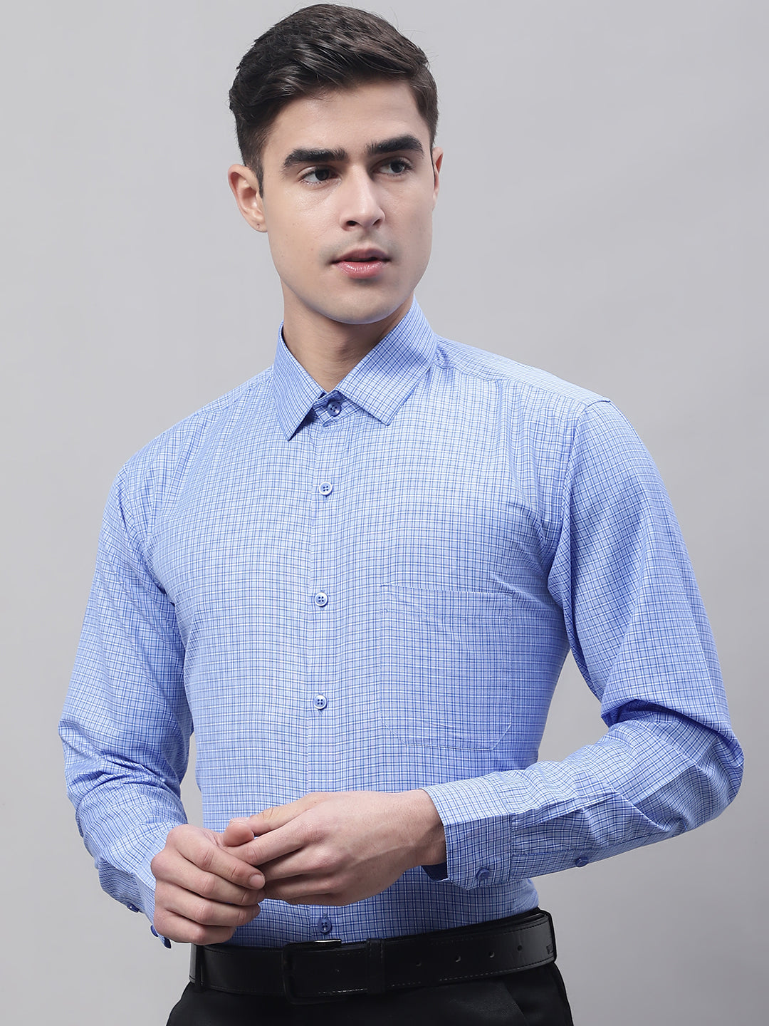 Jainish Men's Blue Micro Checked Formal Shirt | Grocsy