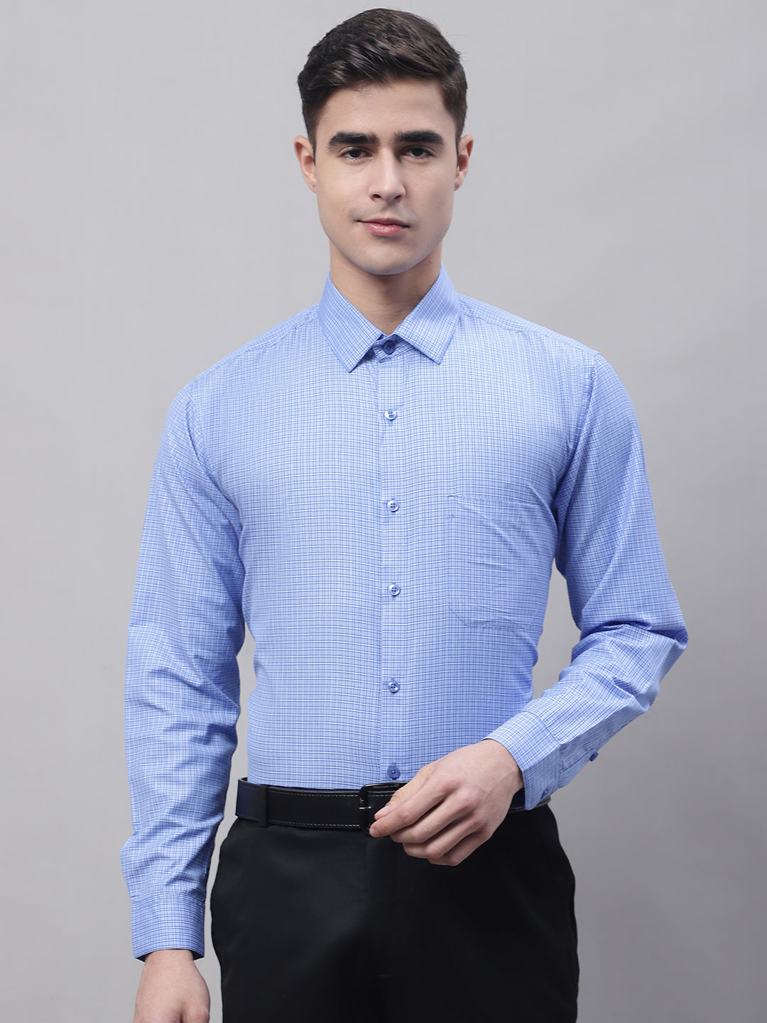 Jainish Men's Blue Micro Checked Formal Shirt | Grocsy