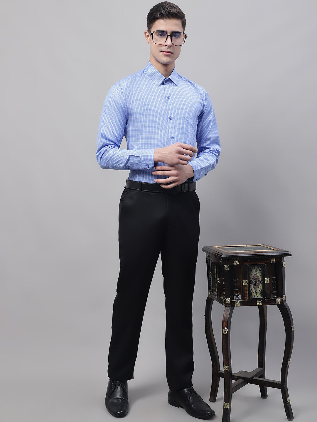 Jainish Men's Blue Micro Checked Formal Shirt | Grocsy