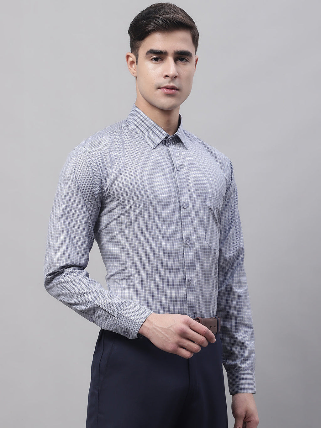Jainish Men's Grey Micro Checked Formal Shirt | Grocsy