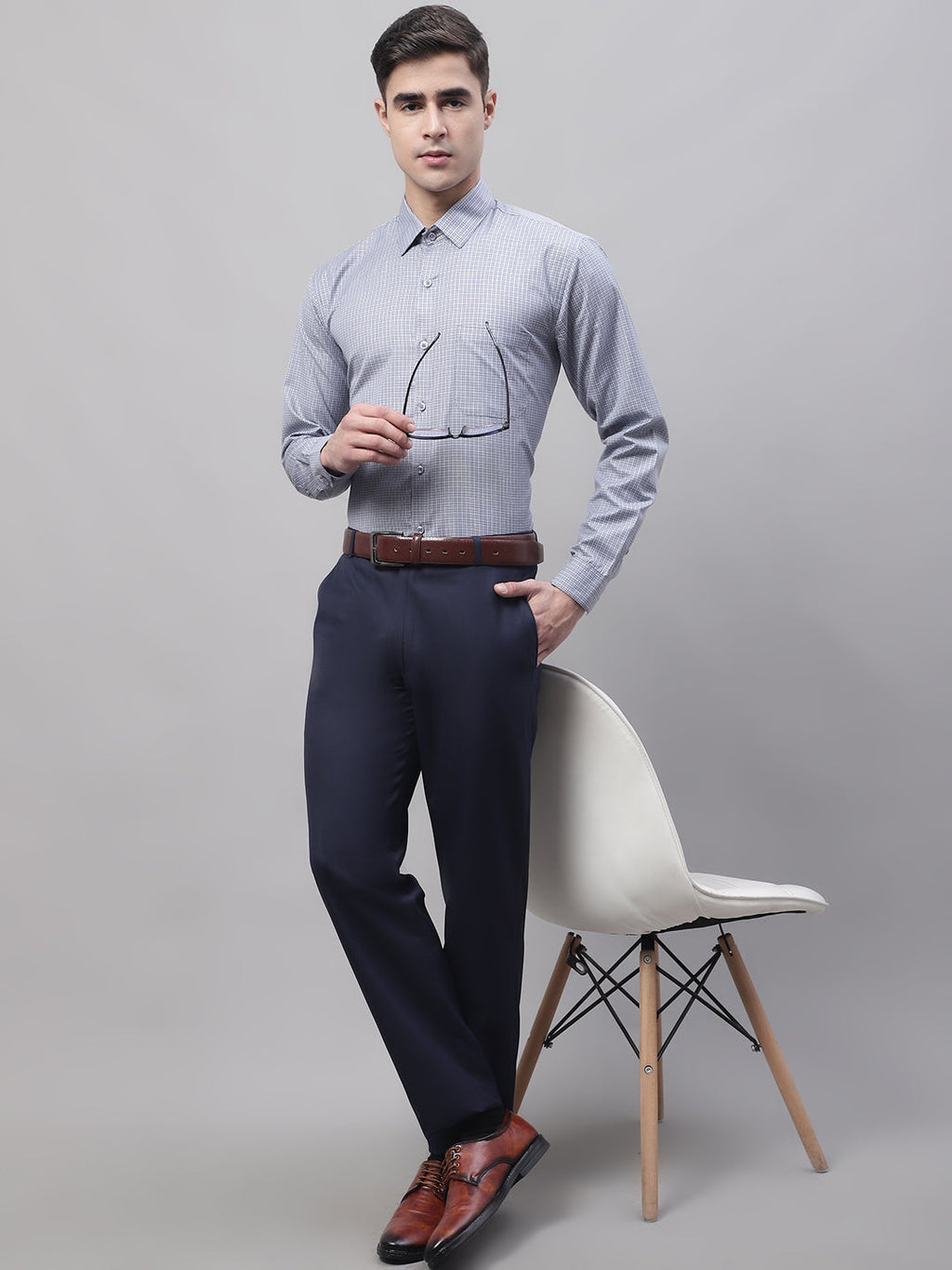 Jainish Men's Grey Micro Checked Formal Shirt | Grocsy