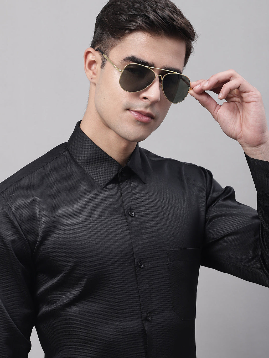 Jainish Men's Black Dobby Textured Formal Shirt | Grocsy