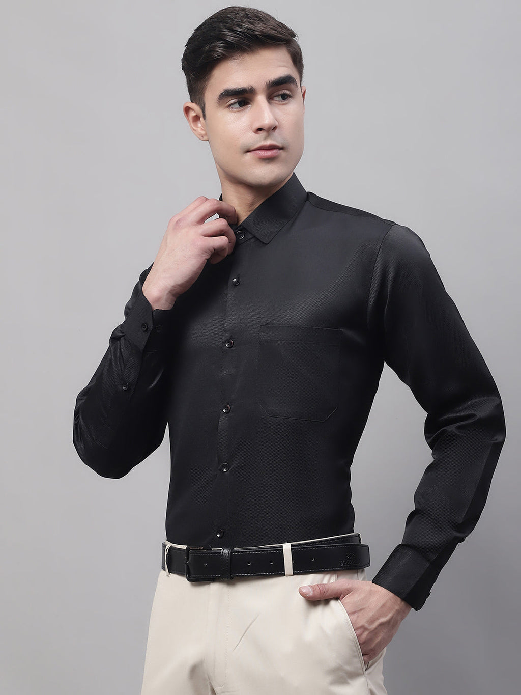 Jainish Men's Black Dobby Textured Formal Shirt | Grocsy