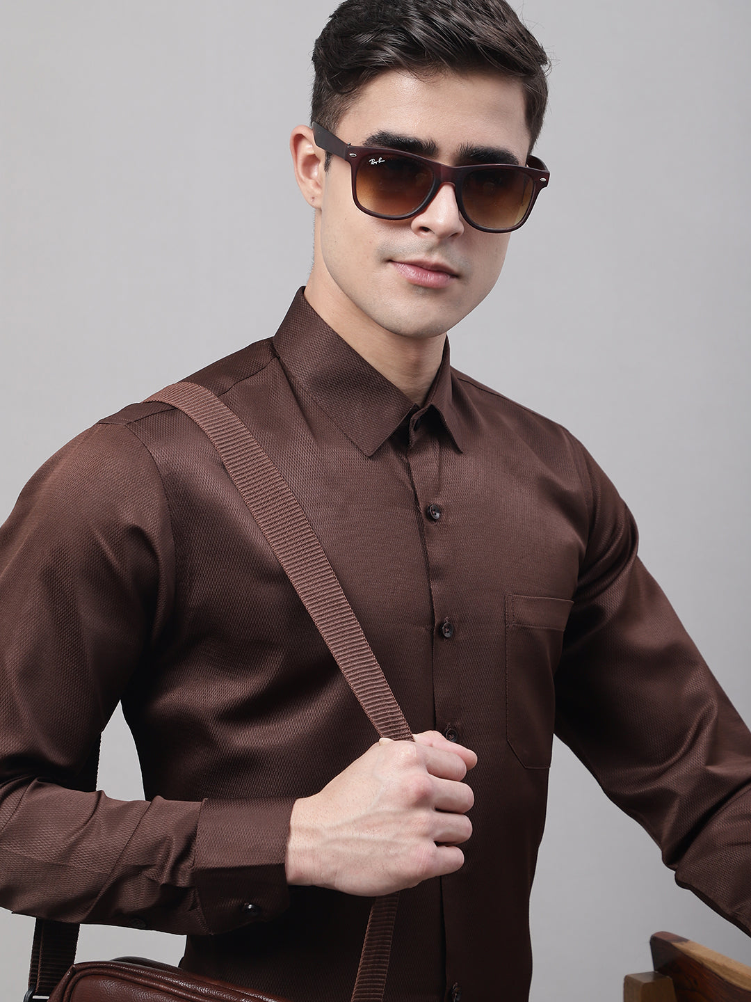 Jainish Men's Coffee Dobby Textured Formal Shirt | Grocsy
