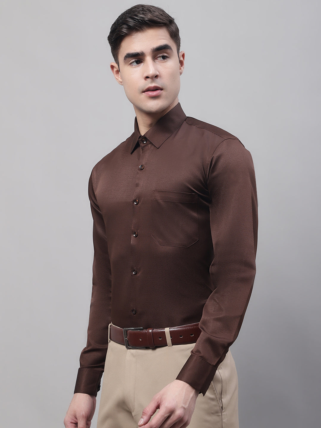 Jainish Men's Coffee Dobby Textured Formal Shirt | Grocsy