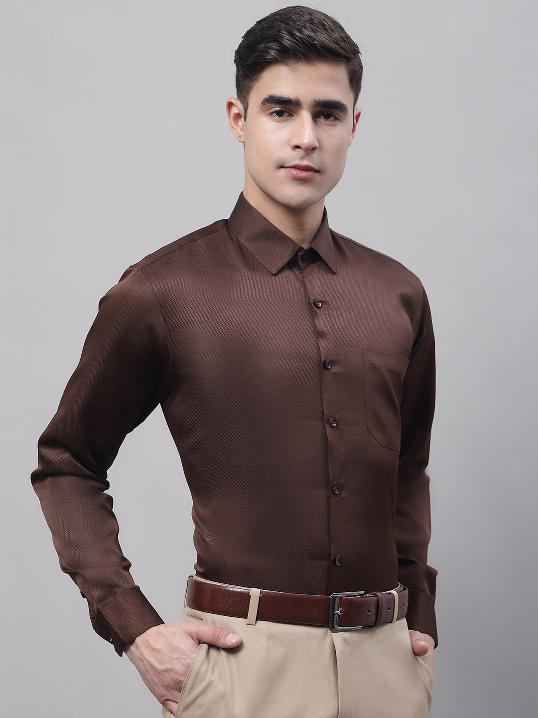Jainish Men's Coffee Dobby Textured Formal Shirt | Grocsy