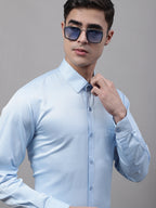 Jainish Men's Light-Blue Dobby Textured Formal Shirt | Grocsy