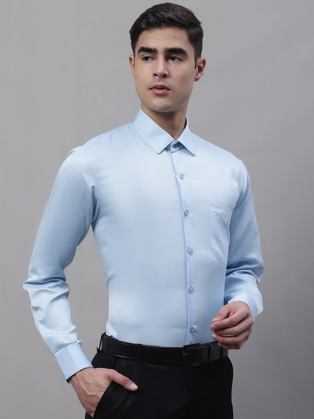 Jainish Men's Light-Blue Dobby Textured Formal Shirt | Grocsy