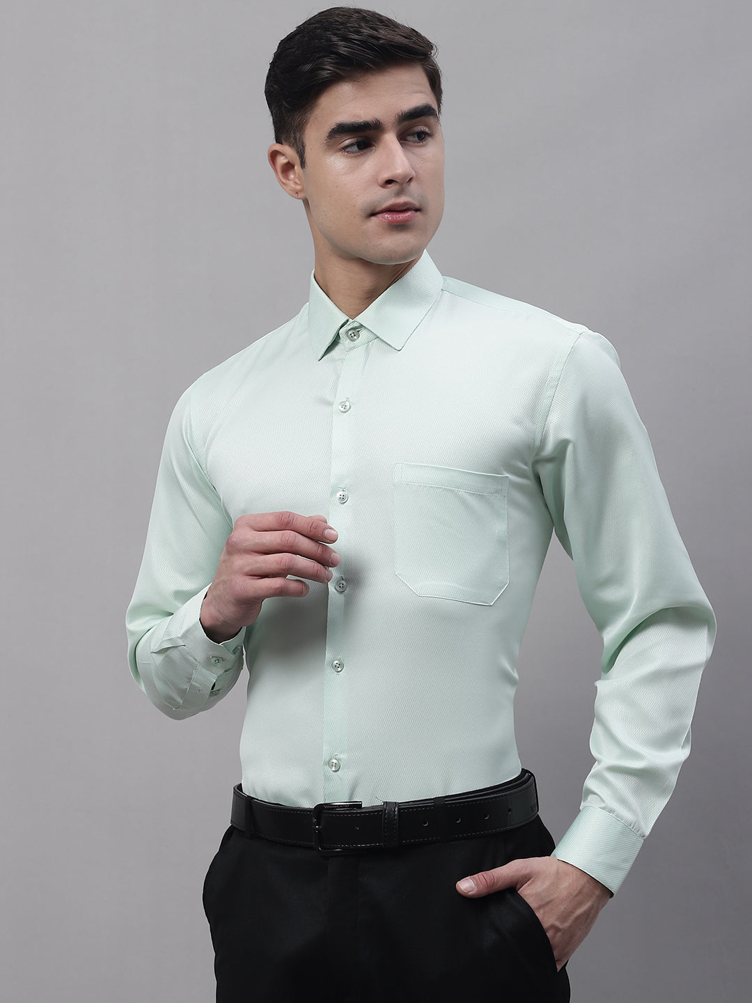 Jainish Men's Light-Green Dobby Textured Formal Shirt | Grocsy
