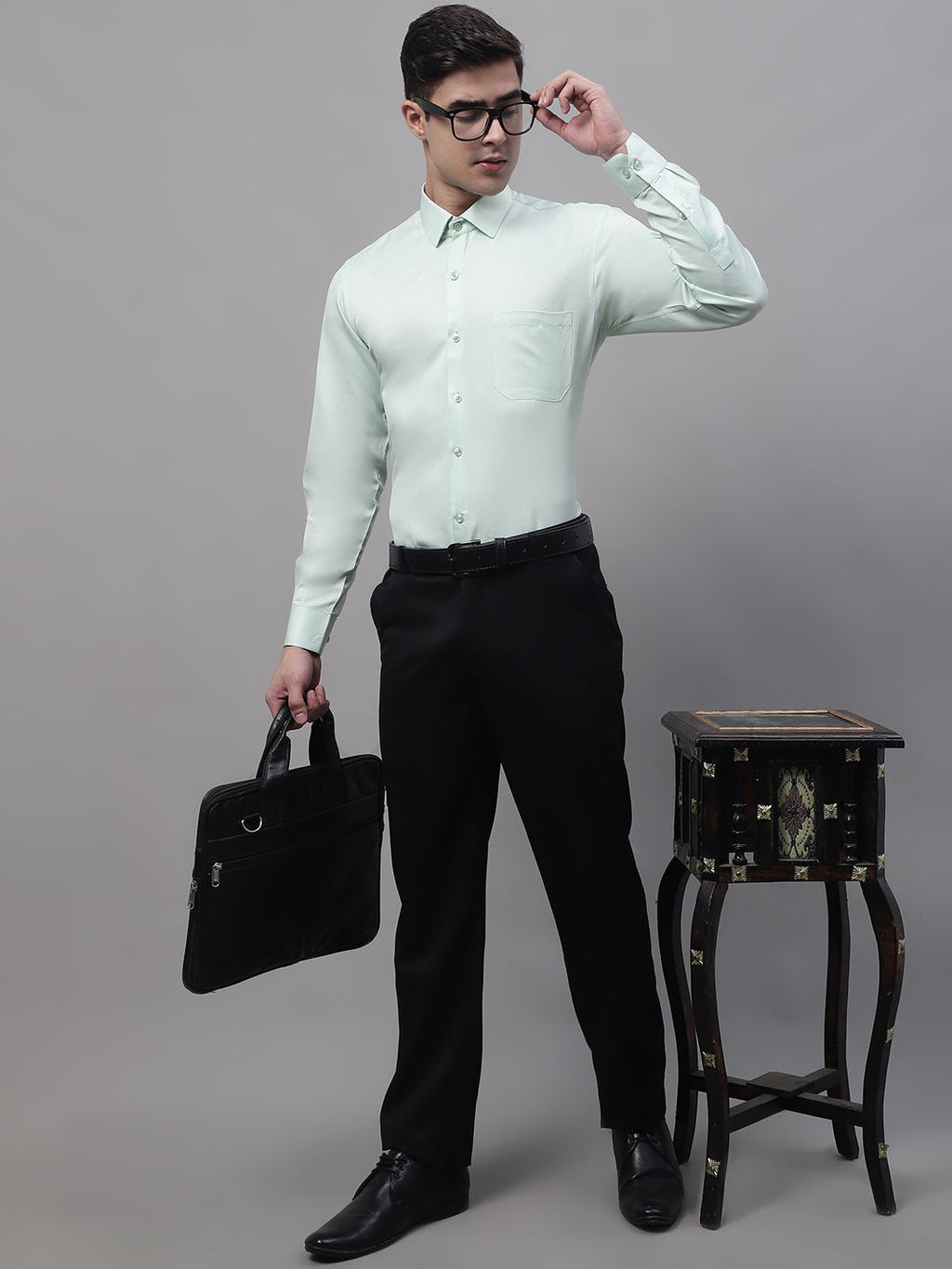 Jainish Men's Light-Green Dobby Textured Formal Shirt | Grocsy