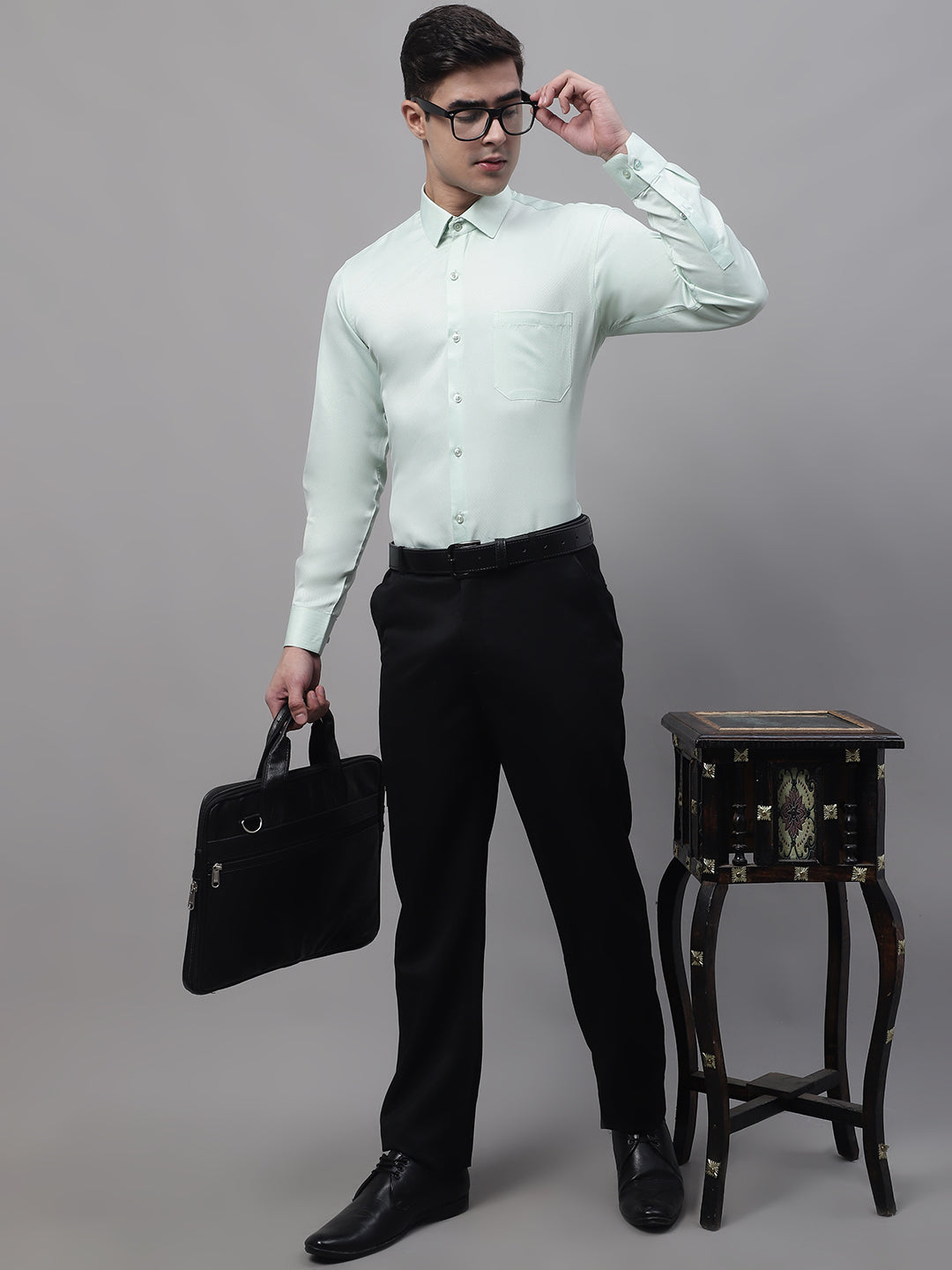 Jainish Men's Light-Green Dobby Textured Formal Shirt | Grocsy